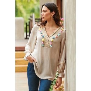 Soft Surrounding Womens Size L Clementine Embroidered Tasseled Boho Tubic Blouse